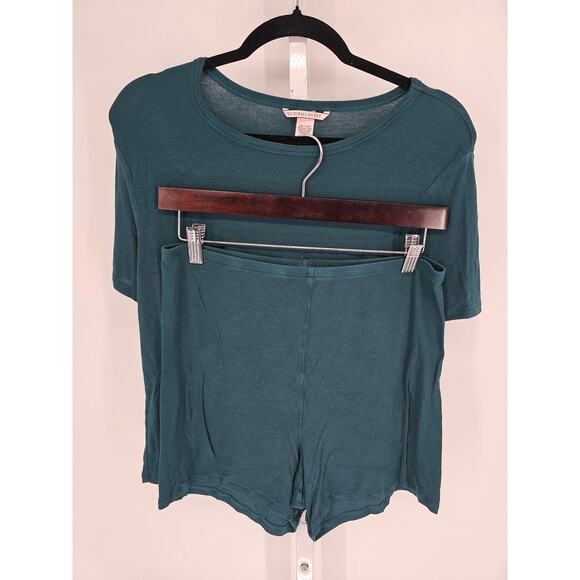 Victorias Secret Womens Sz L Pajama Set Shorts Shirt Dark Teal Blue - Picture 1 of 6